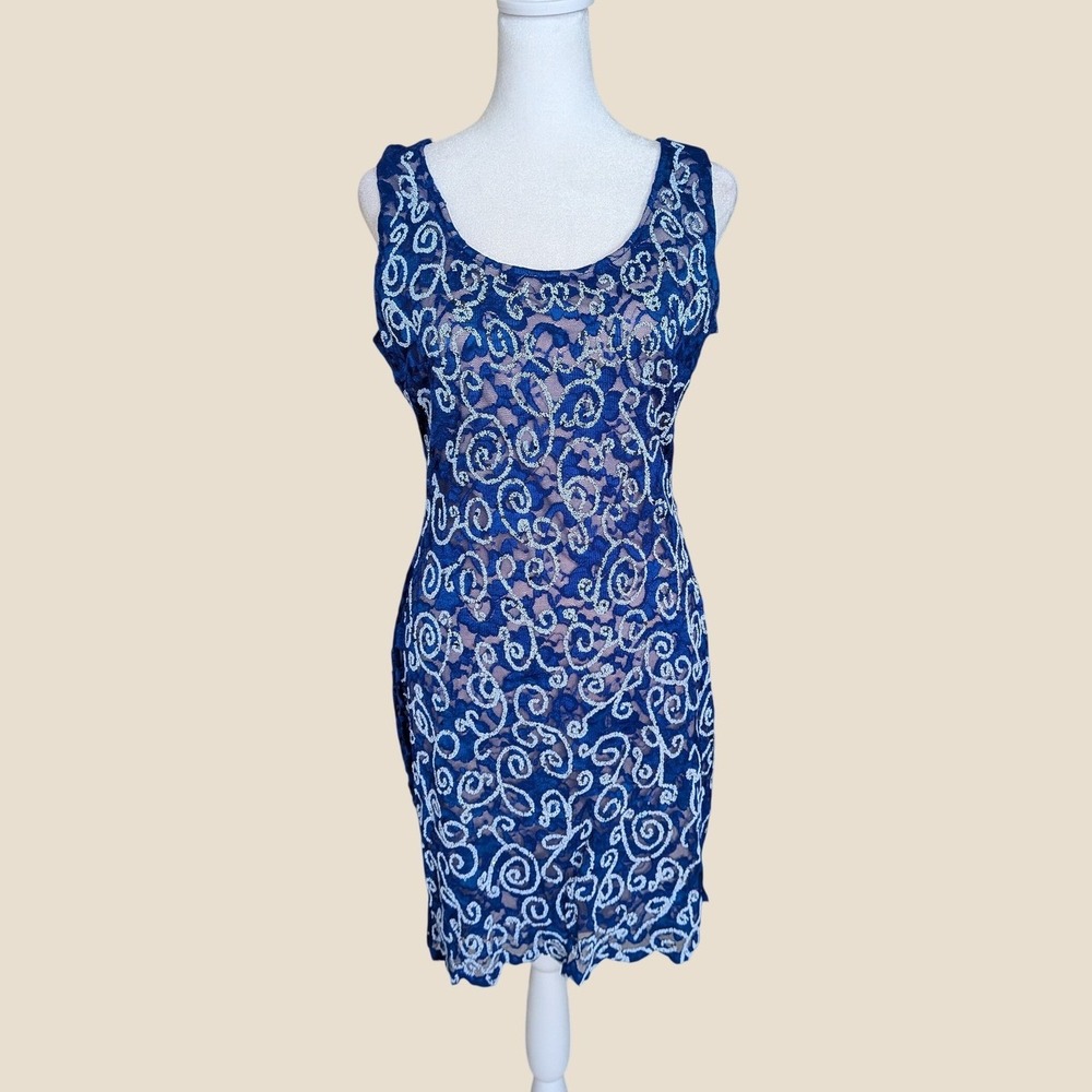 Cache Vintage Sequin Beaded Lace Swirl Sheath Dress Royal Blue White Small